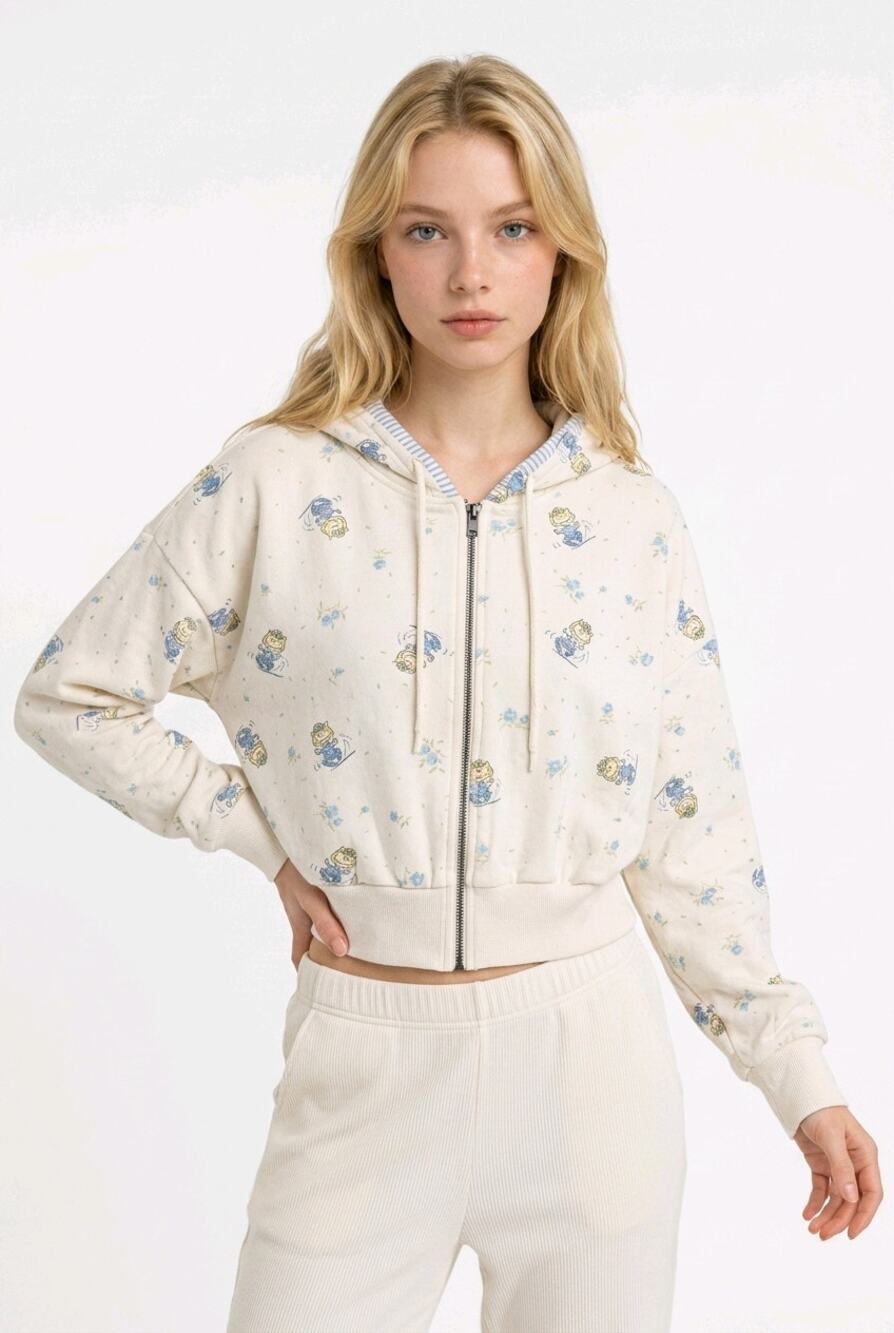 Peanuts Sally Brown Floral Cropped Zip Hoodie Women’s L Blue Cottagecore